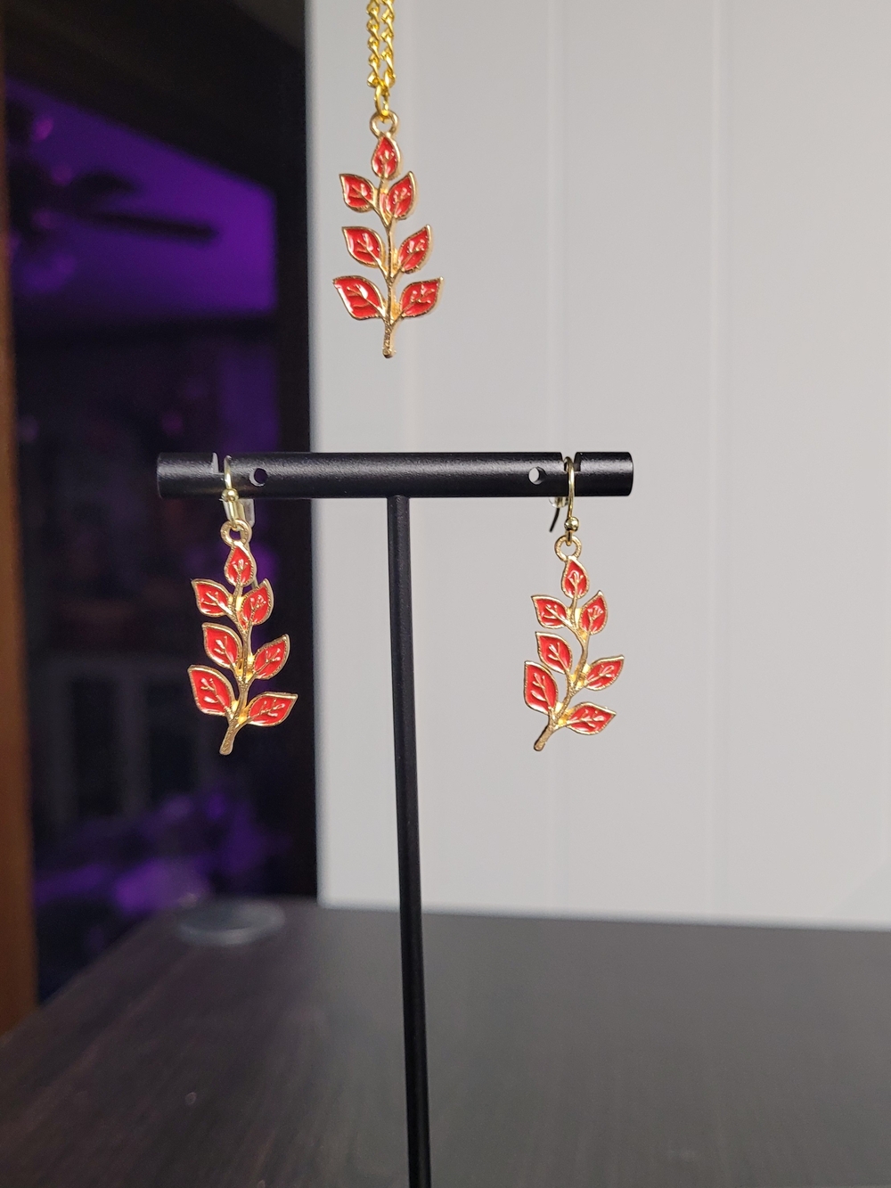 Hand Crafted Gold Leaf Earrings with Red Enamel